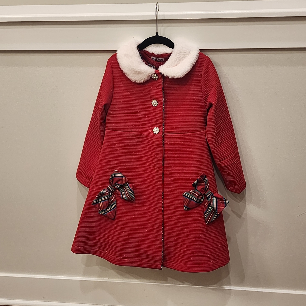 Girls Red Christmas Dress And Matching Coat with Faux Fur Collar Size 6x